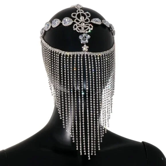 Crystal Tassel Face Mask Rhinestone Masquerade Jewelry for Women Halloween Party - Picture 2 of 6